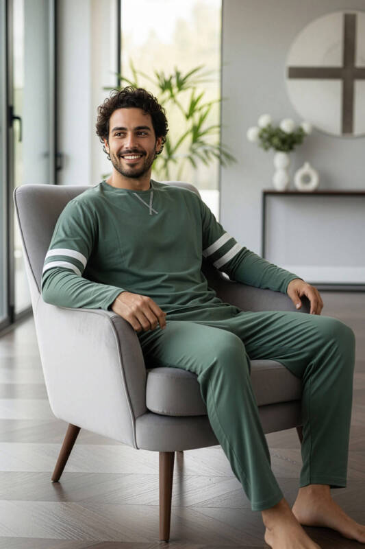 Yeşil Line Desenli Stylish Erkek Uzun Kol Pijama Takımı - Pijamaevi (1)