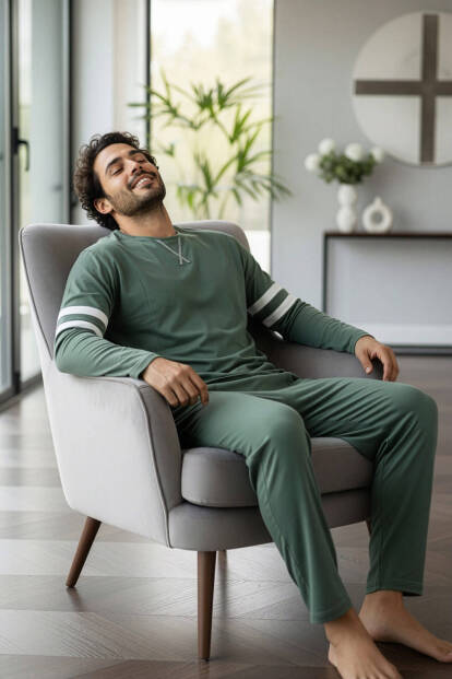 Yeşil Line Desenli Stylish Erkek Uzun Kol Pijama Takımı - 3