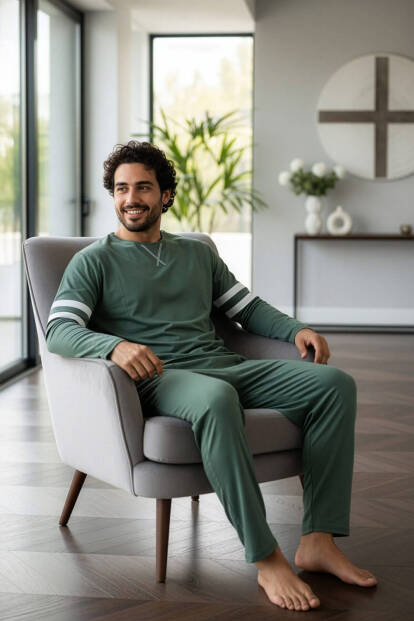 Yeşil Line Desenli Stylish Erkek Uzun Kol Pijama Takımı - 4