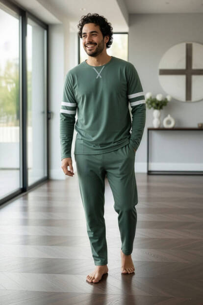 Yeşil Line Desenli Stylish Erkek Uzun Kol Pijama Takımı - 5