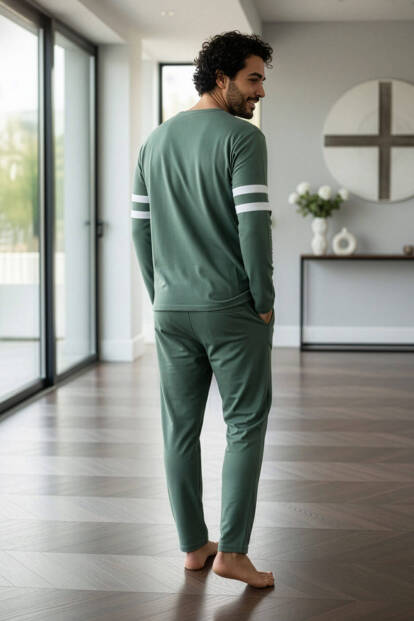 Yeşil Line Desenli Stylish Erkek Uzun Kol Pijama Takımı - 6