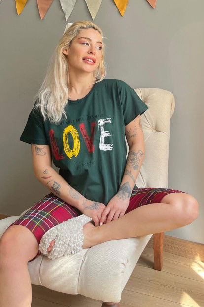 Yeşil Love Baskılı Kapri Bermuda Kadın Pijama Takımı - 1