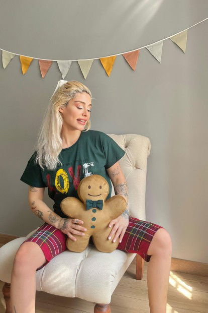 Yeşil Love Baskılı Kapri Bermuda Kadın Pijama Takımı - 2