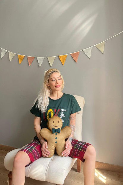 Yeşil Love Baskılı Kapri Bermuda Kadın Pijama Takımı - 3