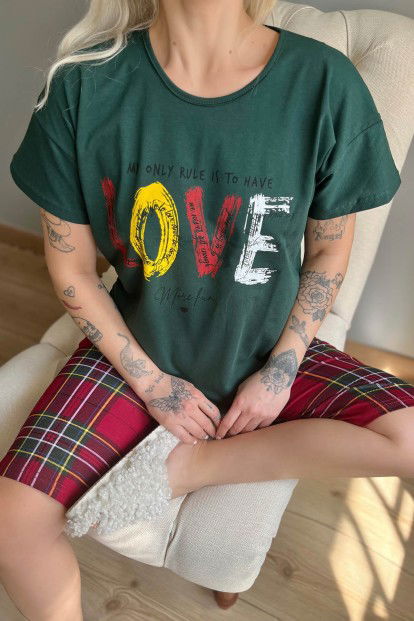 Yeşil Love Baskılı Kapri Bermuda Kadın Pijama Takımı - 4