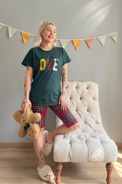 Yeşil Love Baskılı Kapri Bermuda Kadın Pijama Takımı - 5