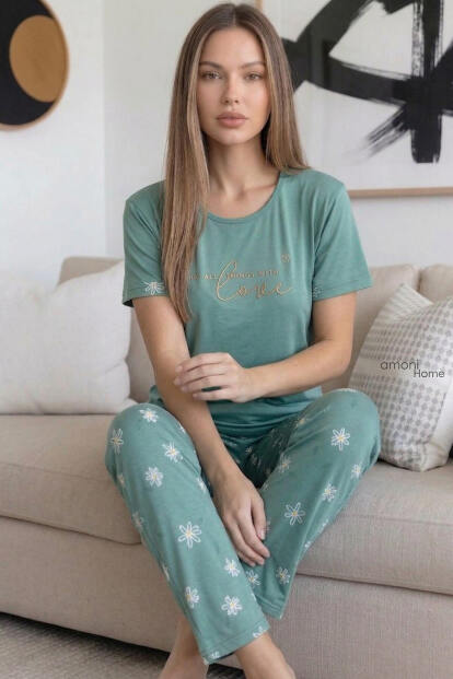 Yeşil Love Desenli Bambu Kısa Kol Kadın Pijama Takımı - 2