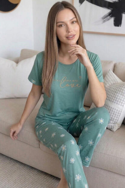 Yeşil Love Desenli Bambu Kısa Kol Kadın Pijama Takımı - 4