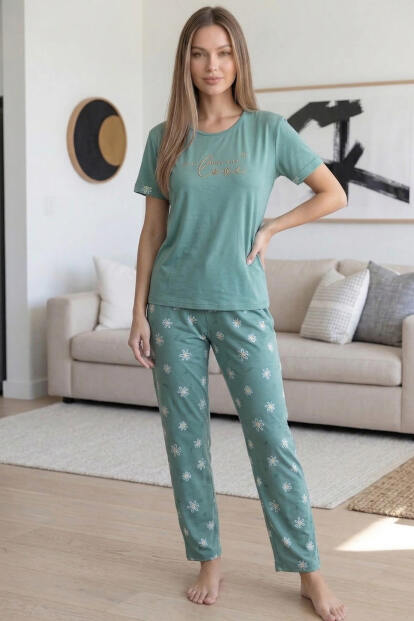 Yeşil Love Desenli Bambu Kısa Kol Kadın Pijama Takımı - 6