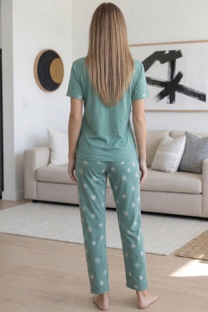 Yeşil Love Desenli Bambu Kısa Kol Kadın Pijama Takımı - 7