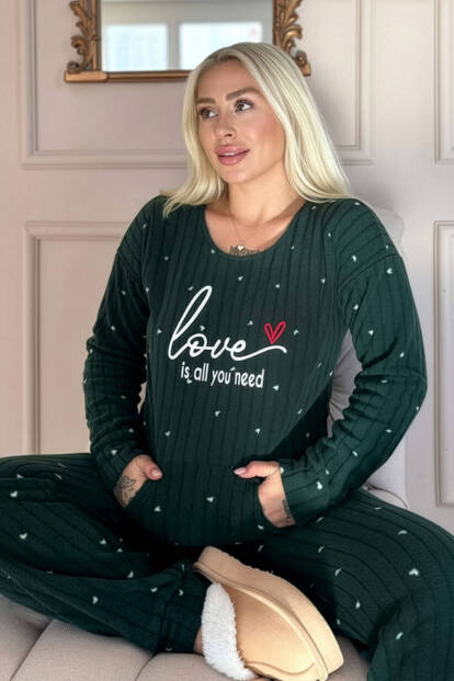 Yeşil Love Desenli Kanguru Cepli Peluş Polar Pijama Takımı 