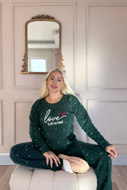 Yeşil Love Desenli Kanguru Cepli Peluş Polar Pijama Takımı - 2