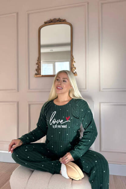 Yeşil Love Desenli Kanguru Cepli Peluş Polar Pijama Takımı - 3