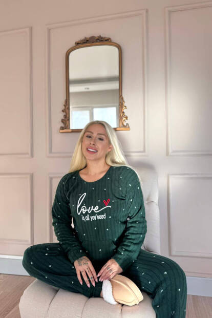 Yeşil Love Desenli Kanguru Cepli Peluş Polar Pijama Takımı - 4