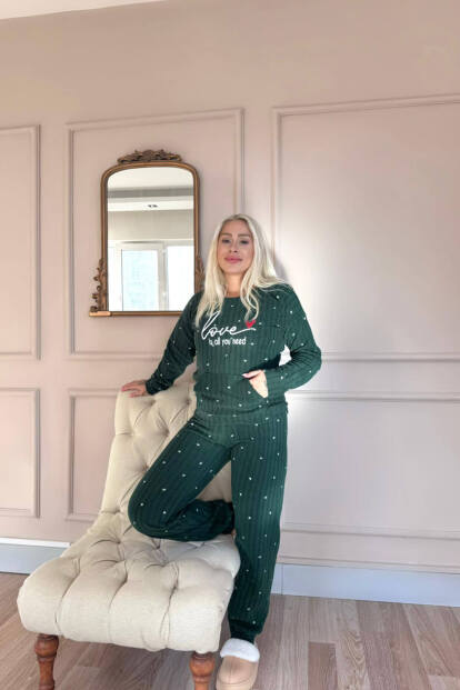 Yeşil Love Desenli Kanguru Cepli Peluş Polar Pijama Takımı - 6