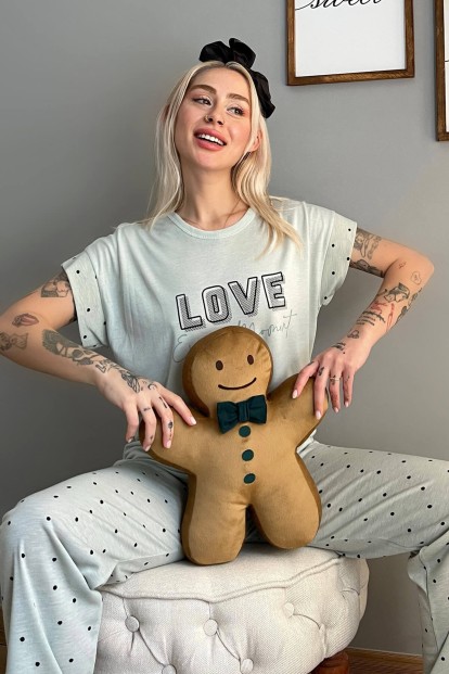Yeşil Love Puan Baskılı Örme Kısa Kollu Kadın Pijama Takımı - 1