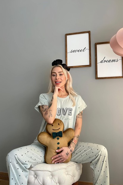 Yeşil Love Puan Baskılı Örme Kısa Kollu Kadın Pijama Takımı - 2