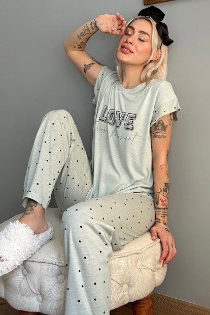 Yeşil Love Puan Baskılı Örme Kısa Kollu Kadın Pijama Takımı - 3