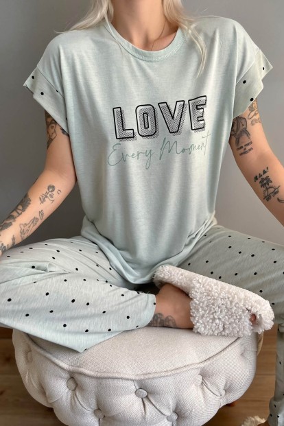Yeşil Love Puan Baskılı Örme Kısa Kollu Kadın Pijama Takımı - 4