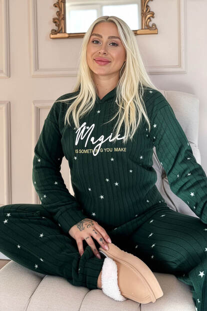 Yeşil Magic Desenli Kapşonlu Peluş Polar Pijama Takımı 
