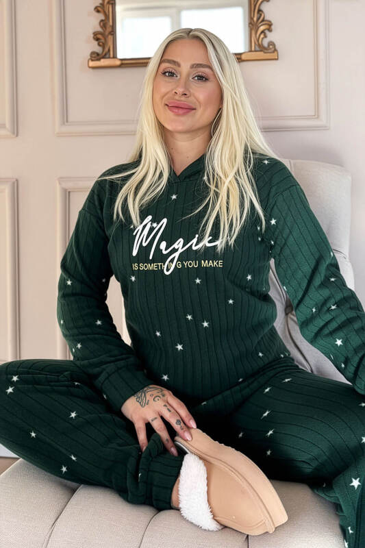 Yeşil Magic Desenli Kapşonlu Peluş Polar Pijama Takımı - Pijamaevi