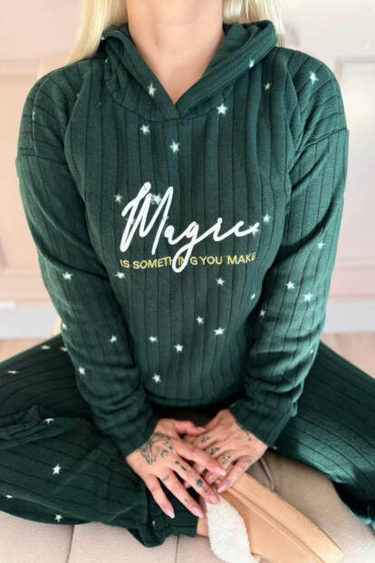 Yeşil Magic Desenli Kapşonlu Peluş Polar Pijama Takımı - 4