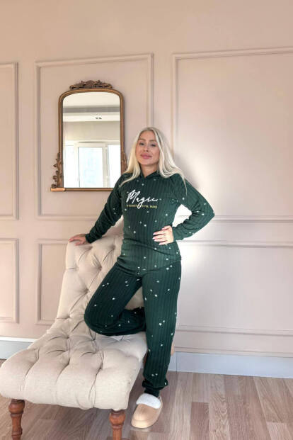 Yeşil Magic Desenli Kapşonlu Peluş Polar Pijama Takımı - 5
