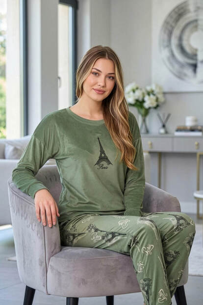 Yeşil Maison Desenli Exclusive Kadife Kadın Pijama Takımı - 4