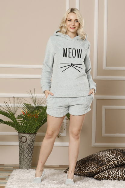 Yeşil Meow Desenli Şortlu Tam Peluş Pijama Takımı - 2