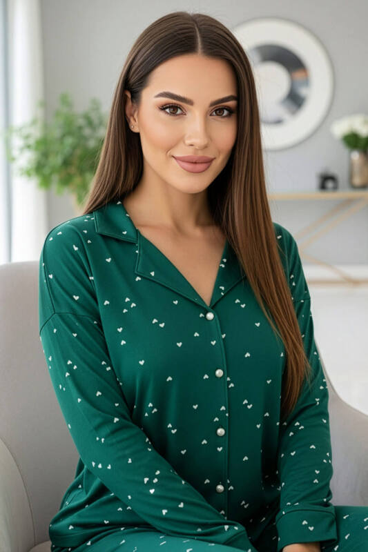 Yeşil Mini Kalp Desenli Önden Düğmeli Uzun Kollu Bambu Örme Kadın Pijama Takımı - Pijamaevi