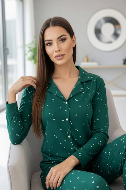 Yeşil Mini Kalp Desenli Önden Düğmeli Uzun Kollu Bambu Örme Kadın Pijama Takımı - 3