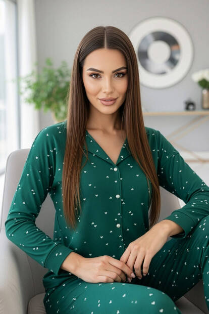 Yeşil Mini Kalp Desenli Önden Düğmeli Uzun Kollu Bambu Örme Kadın Pijama Takımı - 4