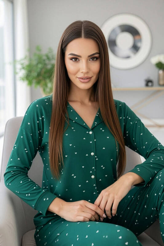Yeşil Mini Kalp Desenli Önden Düğmeli Uzun Kollu Bambu Örme Kadın Pijama Takımı - Pijamaevi (3)