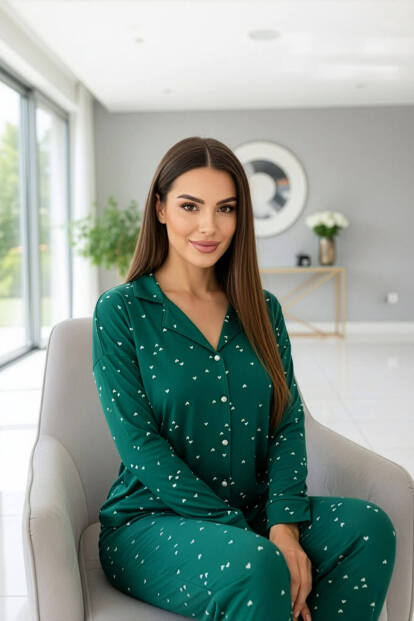 Yeşil Mini Kalp Desenli Önden Düğmeli Uzun Kollu Bambu Örme Kadın Pijama Takımı - 5