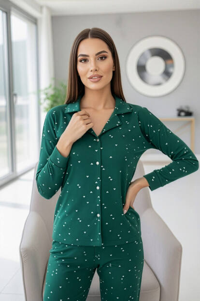 Yeşil Mini Kalp Desenli Önden Düğmeli Uzun Kollu Bambu Örme Kadın Pijama Takımı - 6