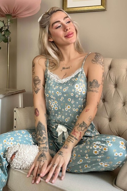 Yeşil Mini Papatya Dantelli İp Askılı Örme Kadın Pijama Takımı - 6