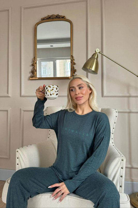 Yeşil Minimalist Baskılı Bambu Uzun Kol Kadın Pijama Takımı - Pijamaevi (3)