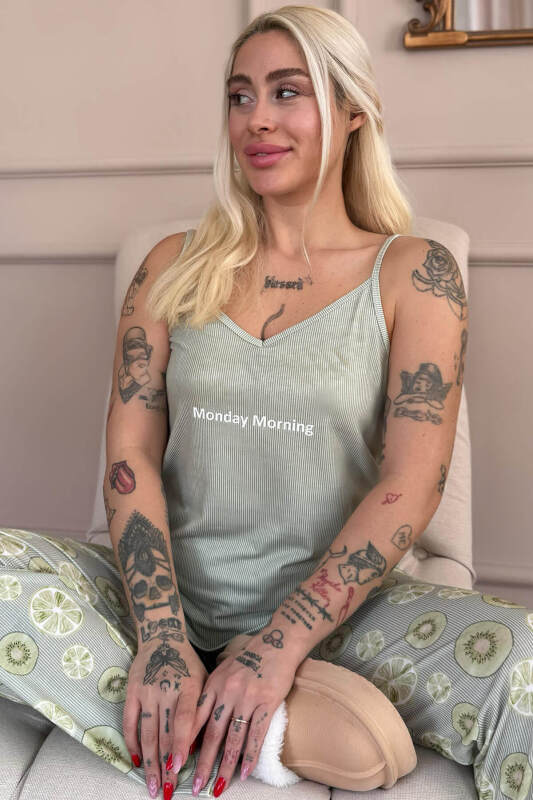 Yeşil Monday Morning Baskılı Ip Askılı Örme Kadın Pijama Takımı - Pijamaevi