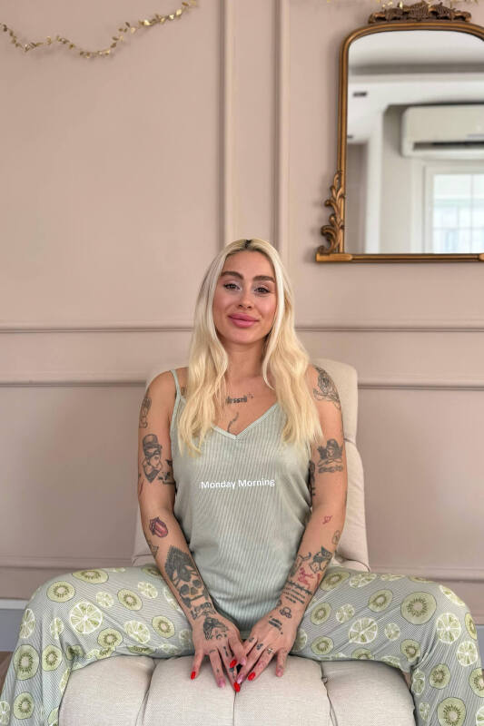 Yeşil Monday Morning Baskılı Ip Askılı Örme Kadın Pijama Takımı - Pijamaevi (3)