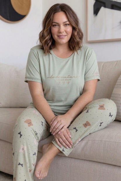 Yeşil Nature Desenli Büyük Beden Battal Bambu Kısa Kol Kadın Pijama Takımı 