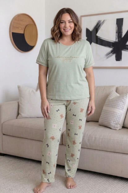Yeşil Nature Desenli Büyük Beden Battal Bambu Kısa Kol Kadın Pijama Takımı - 6