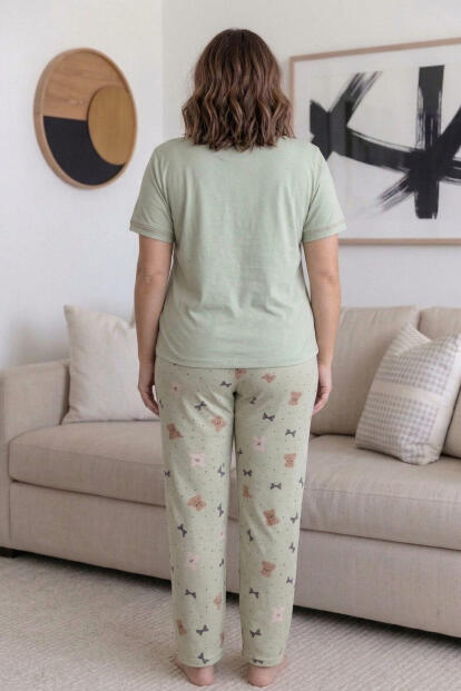 Yeşil Nature Desenli Büyük Beden Battal Bambu Kısa Kol Kadın Pijama Takımı - 7