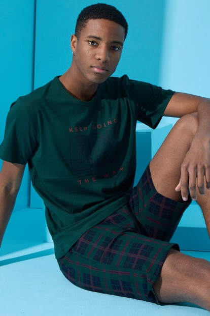 Yeşil On Baskılı Şortlu Erkek Pijama Takımı - 1