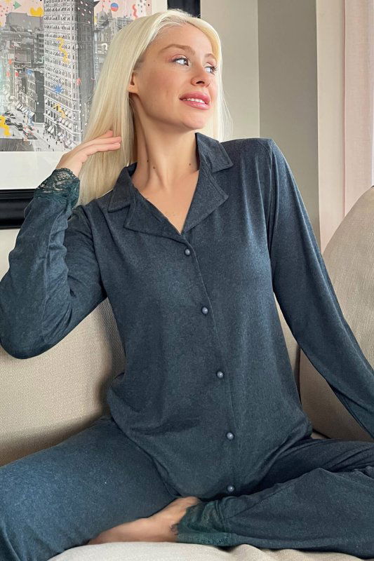 Yeşil Önden Düğmeli Bambu Uzun Kol Pijama Takımı - Pijamaevi