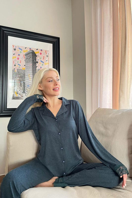 Yeşil Önden Düğmeli Bambu Uzun Kol Pijama Takımı - Pijamaevi (2)