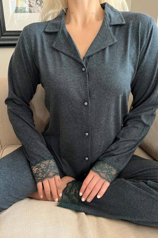 Yeşil Önden Düğmeli Bambu Uzun Kol Pijama Takımı - Pijamaevi (3)