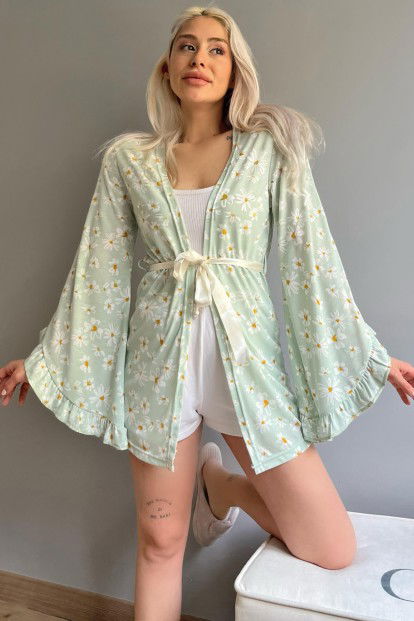 Yeşil Papatya Desenli Kadın Kimono Sabahlık - 1