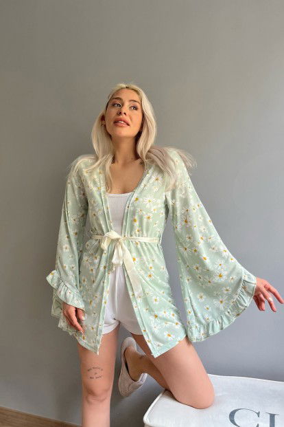 Yeşil Papatya Desenli Kadın Kimono Sabahlık - 2