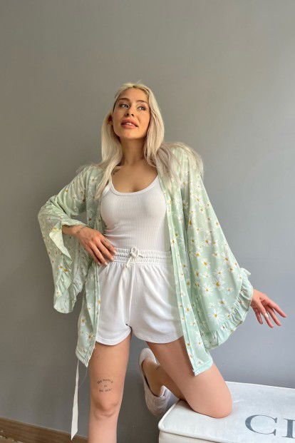 Yeşil Papatya Desenli Kadın Kimono Sabahlık - 3