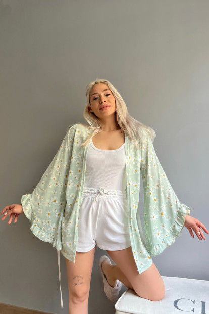 Yeşil Papatya Desenli Kadın Kimono Sabahlık - 4